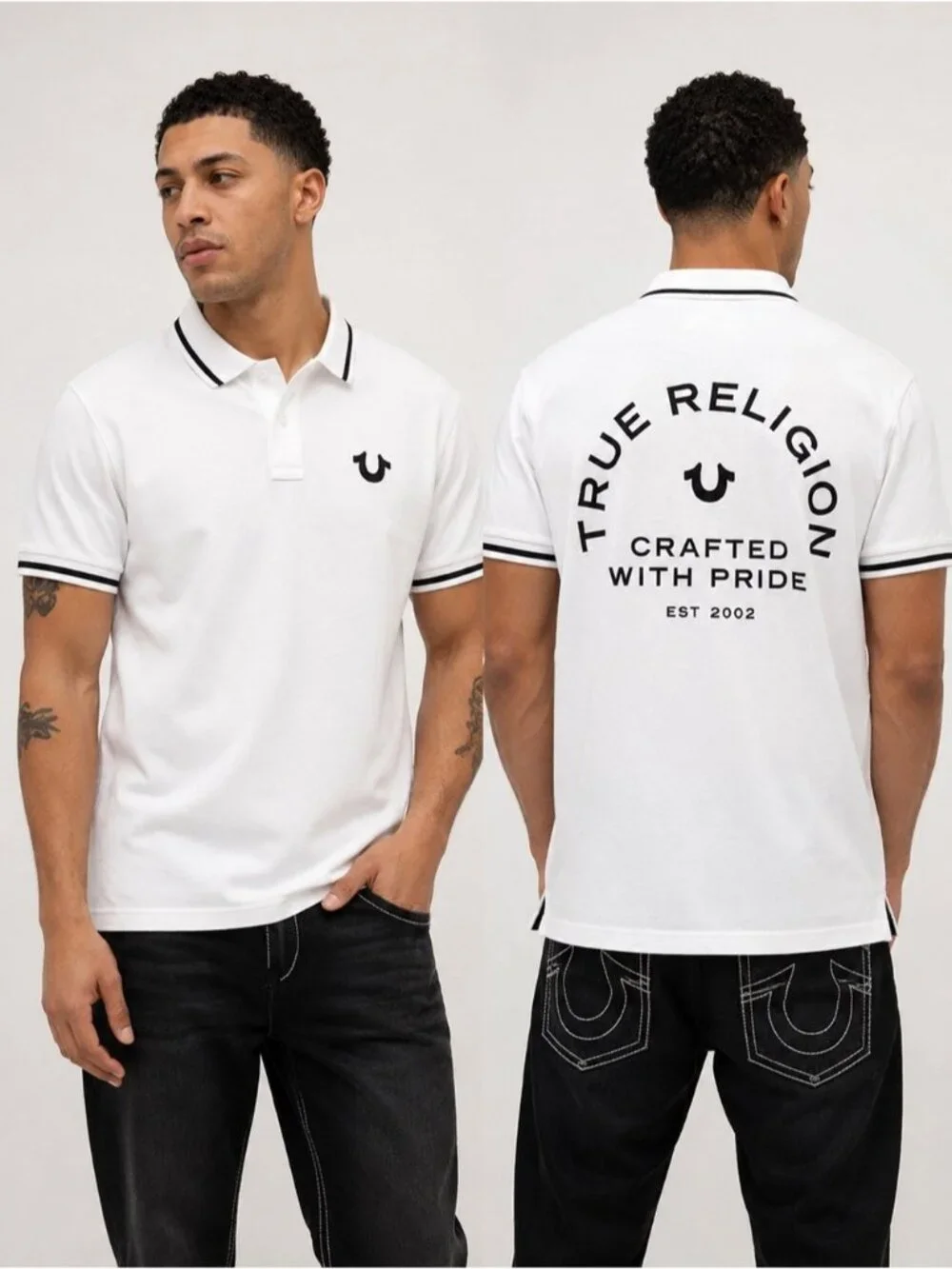 True Religion White Polo Shirt XL/TG Black Trim Logo Graphic Back